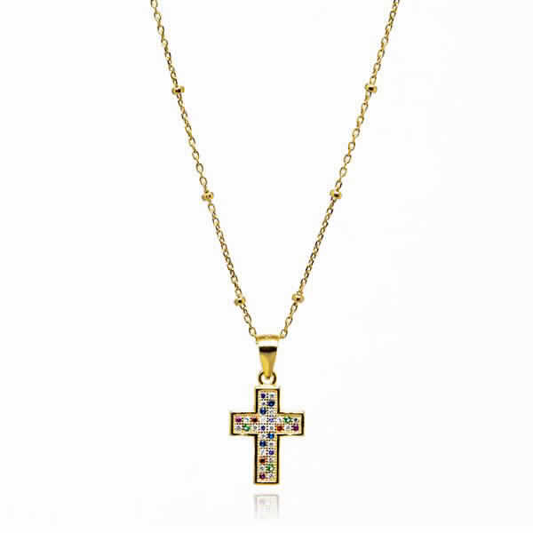 CADENA PLATA CHAP. CRUZ MULTICOLOR