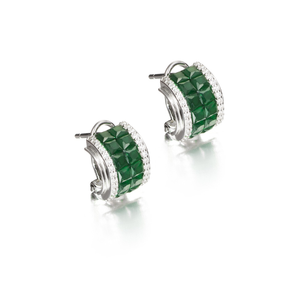 Pendientes cortos de plata con circonitas y piedras de color verde