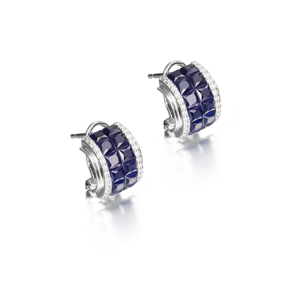 Pendientes cortos de plata con circonitas y piedras de color azul