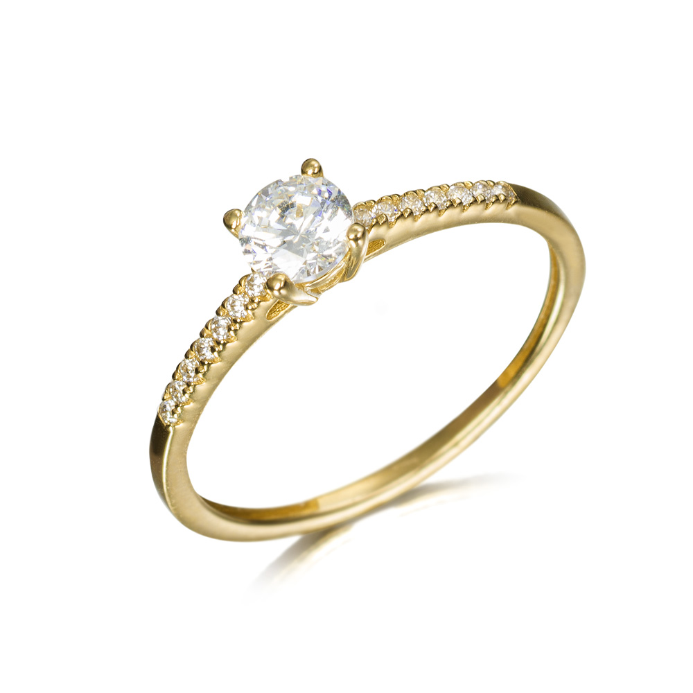 Anillo solitario con acompañamiento de oro 9K y circonita