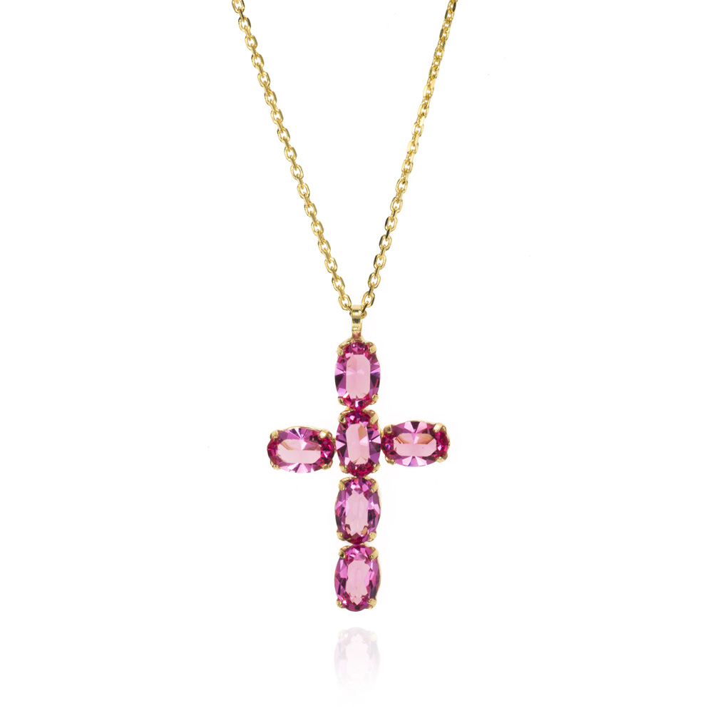 Cadena de plata bañada cruz circonita rosa