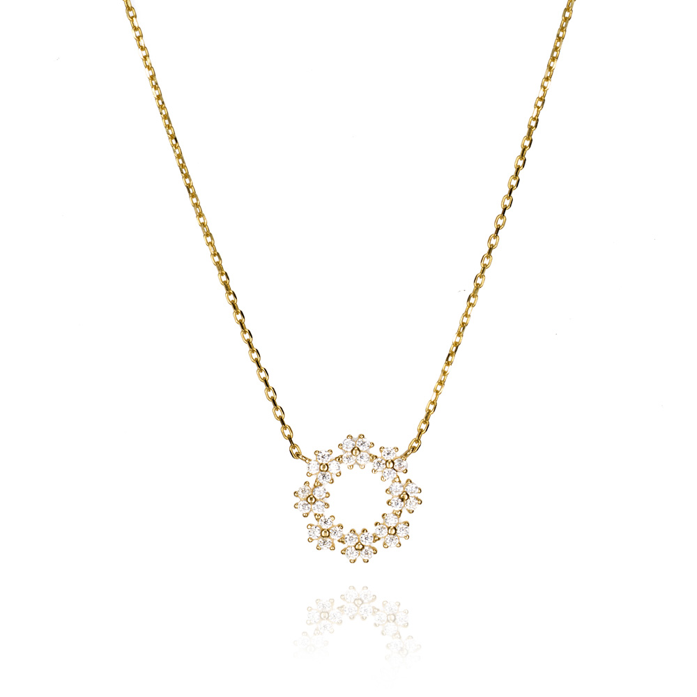 Colgante con cadena de oro 9K con círculo flores circonitas