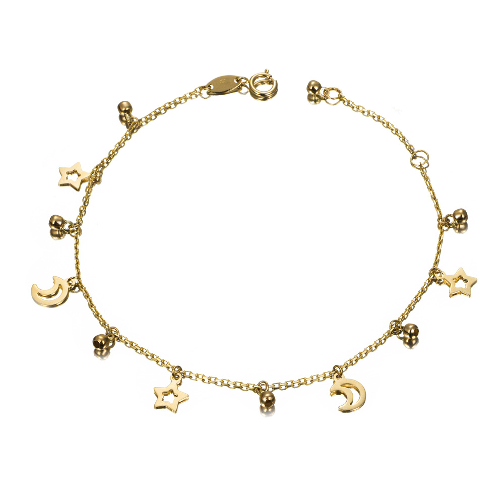 Pulsera de oro 9K con lunas, estrellas y bolitas