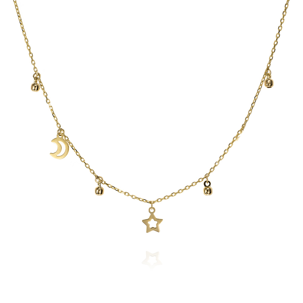 Gargantilla de oro 9K con luna, estrella y bolitas
