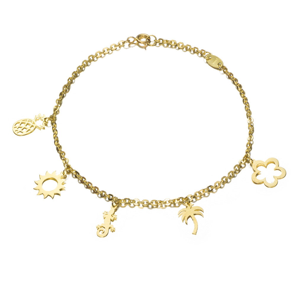 Pulsera articulada de oro 9K flor, palmera, lagarto, sol