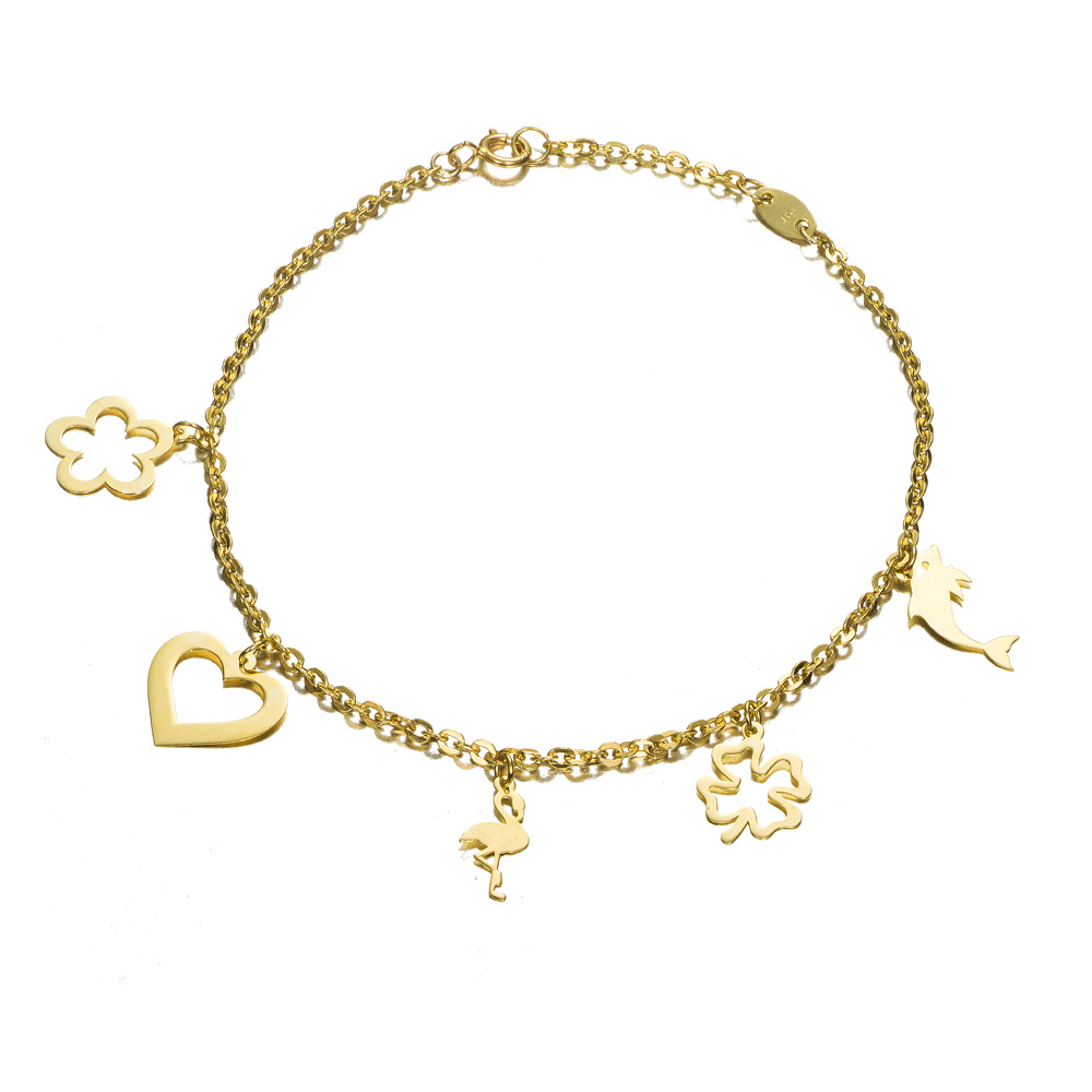 Pulsera articulada de oro 9K  delfín, trébol, flamenco, corazon, flor