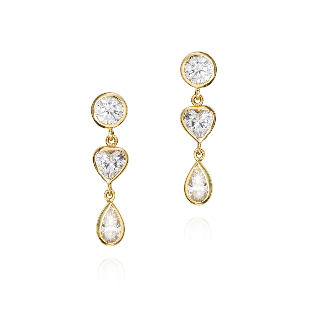 Pendientes largos de oro 9K circonitas círculo, corazón y lágrima