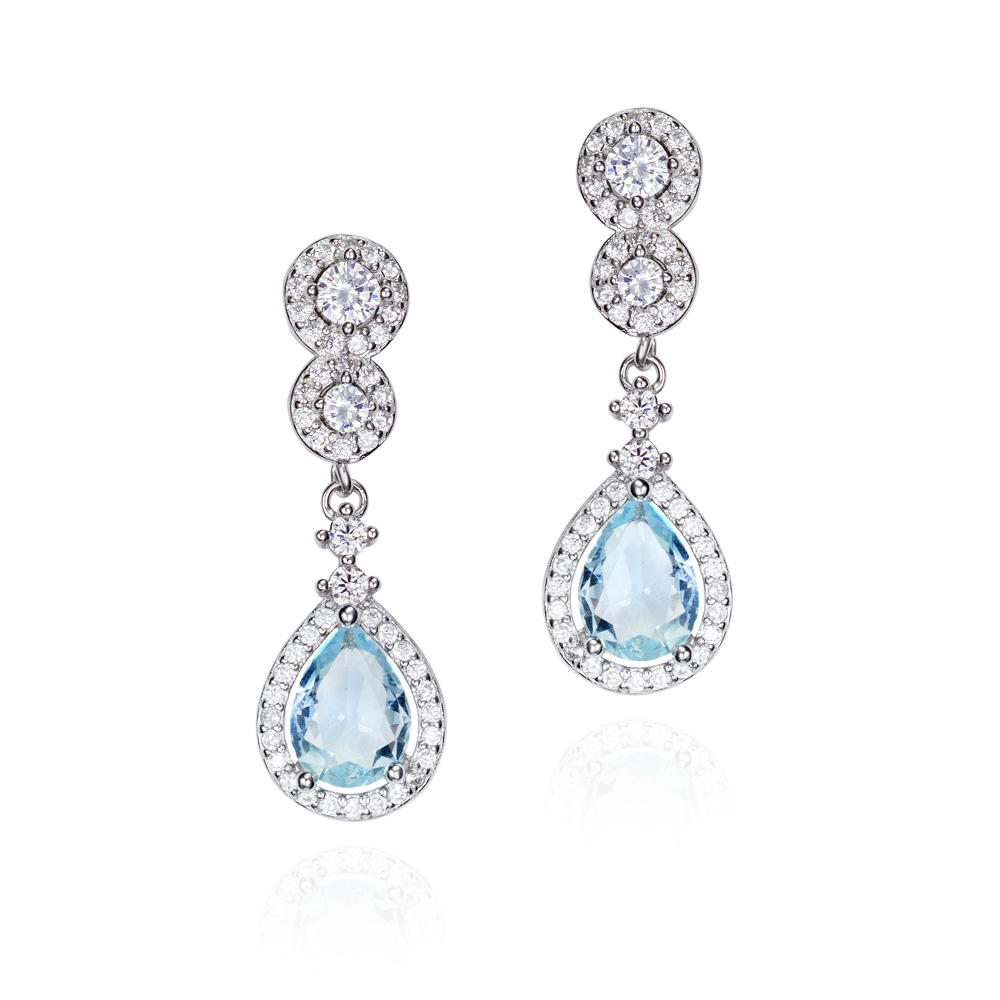 Pendientes largos de plata con circonitas y piedra azul