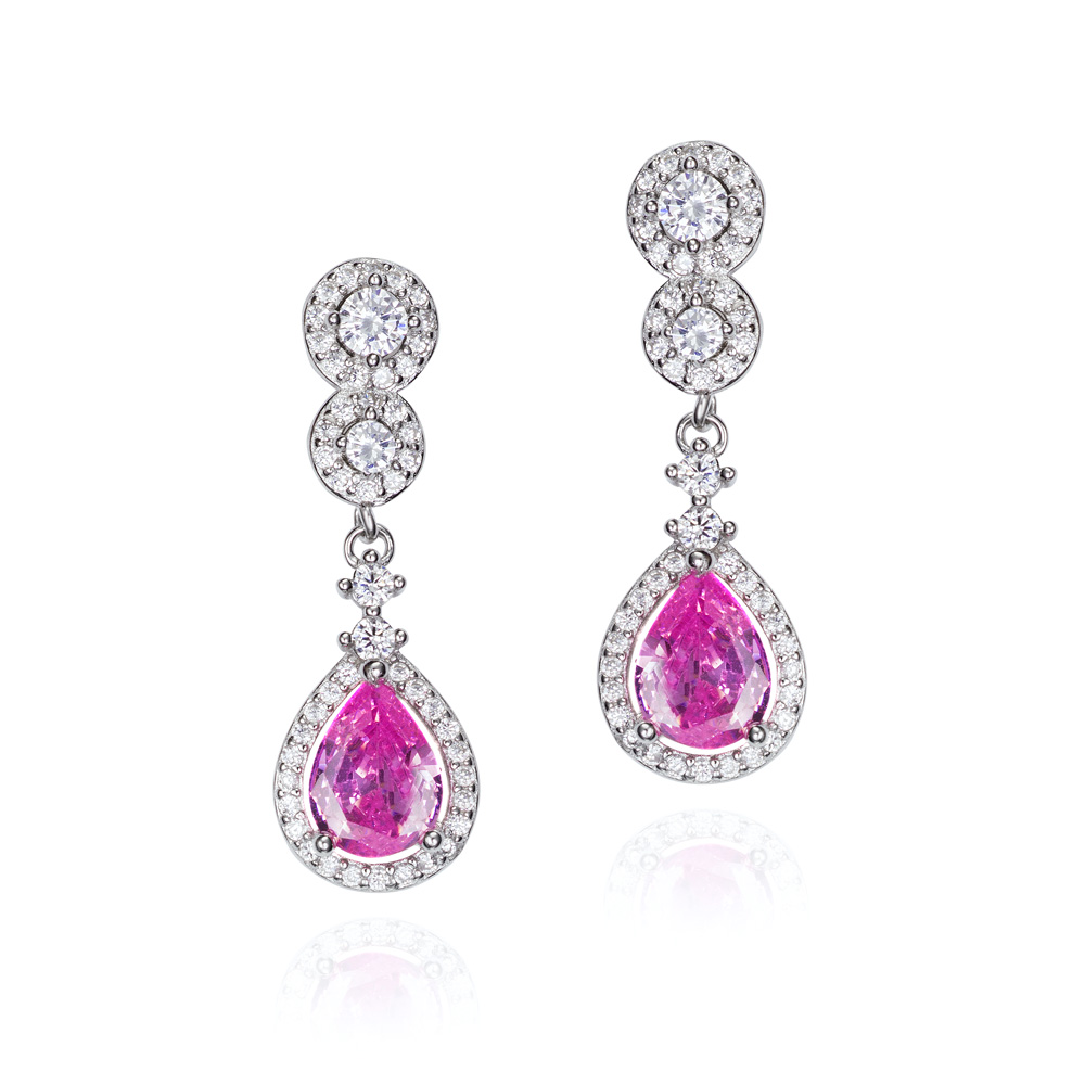 Pendientes largos de plata con circonitas y piedra rosa