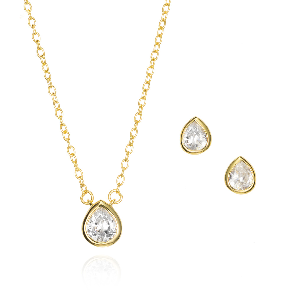 Juego de plata bañada de oro circonita talla pera bisel