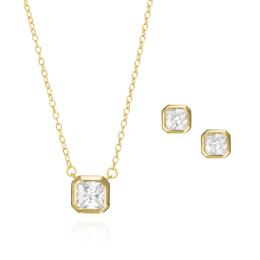 Juego de plata bañada de oro circonita talla cuadrada bisel