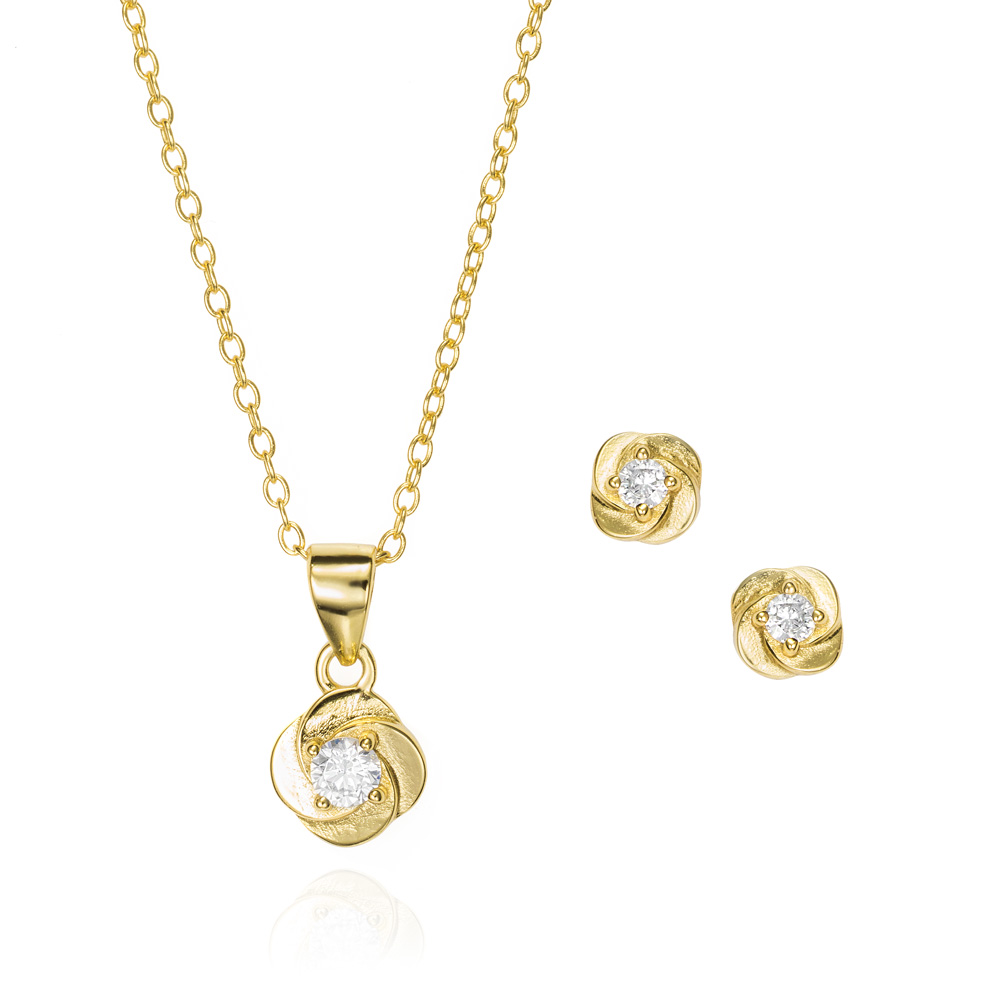 Juego de plata bañada de oro solitario flor circonita