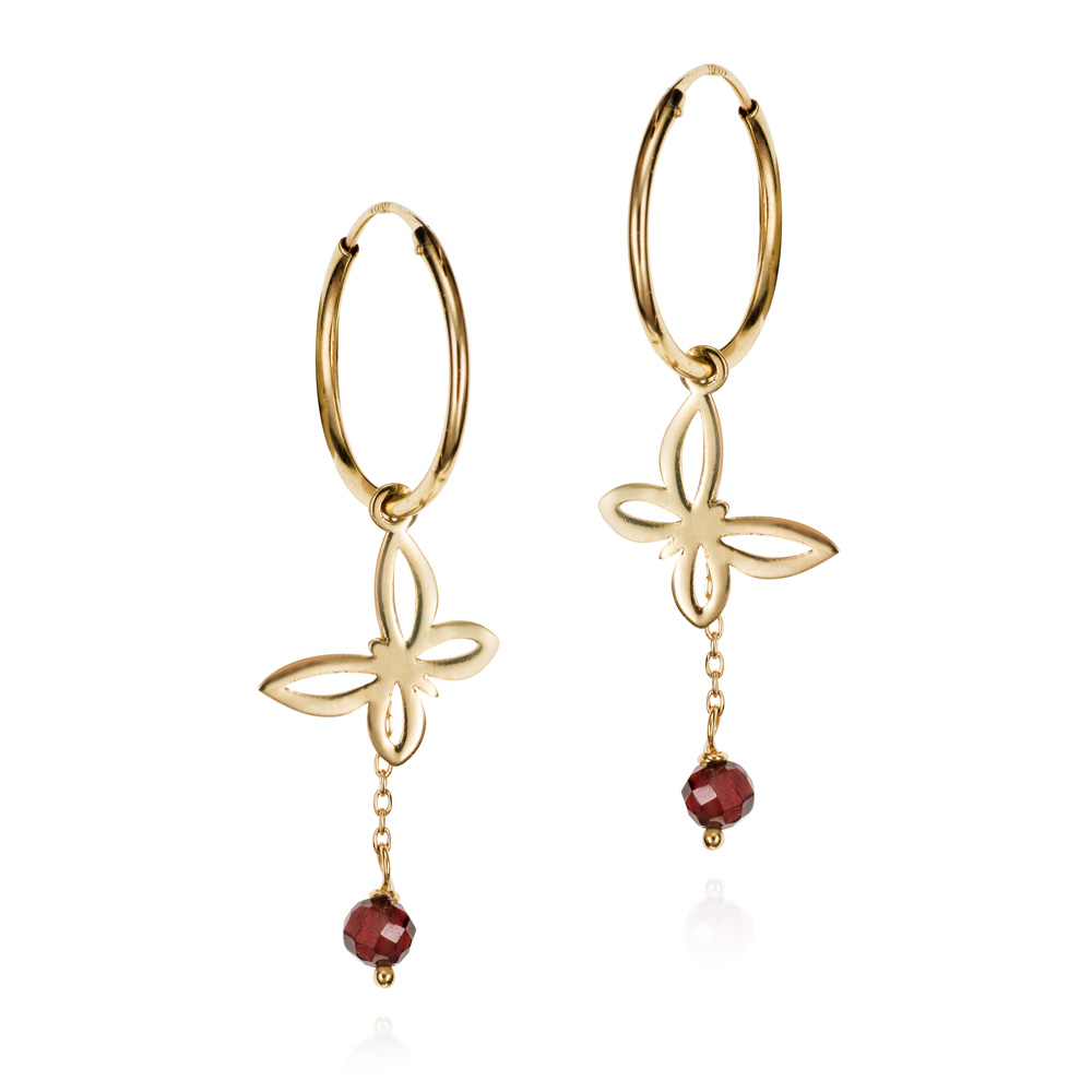 Aros de oro 9K granate mariposa