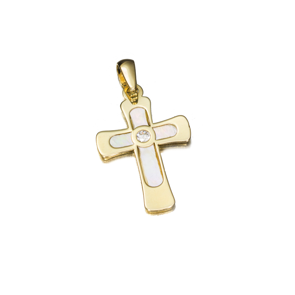 Cruz de oro 9K lisa nácar y circonita