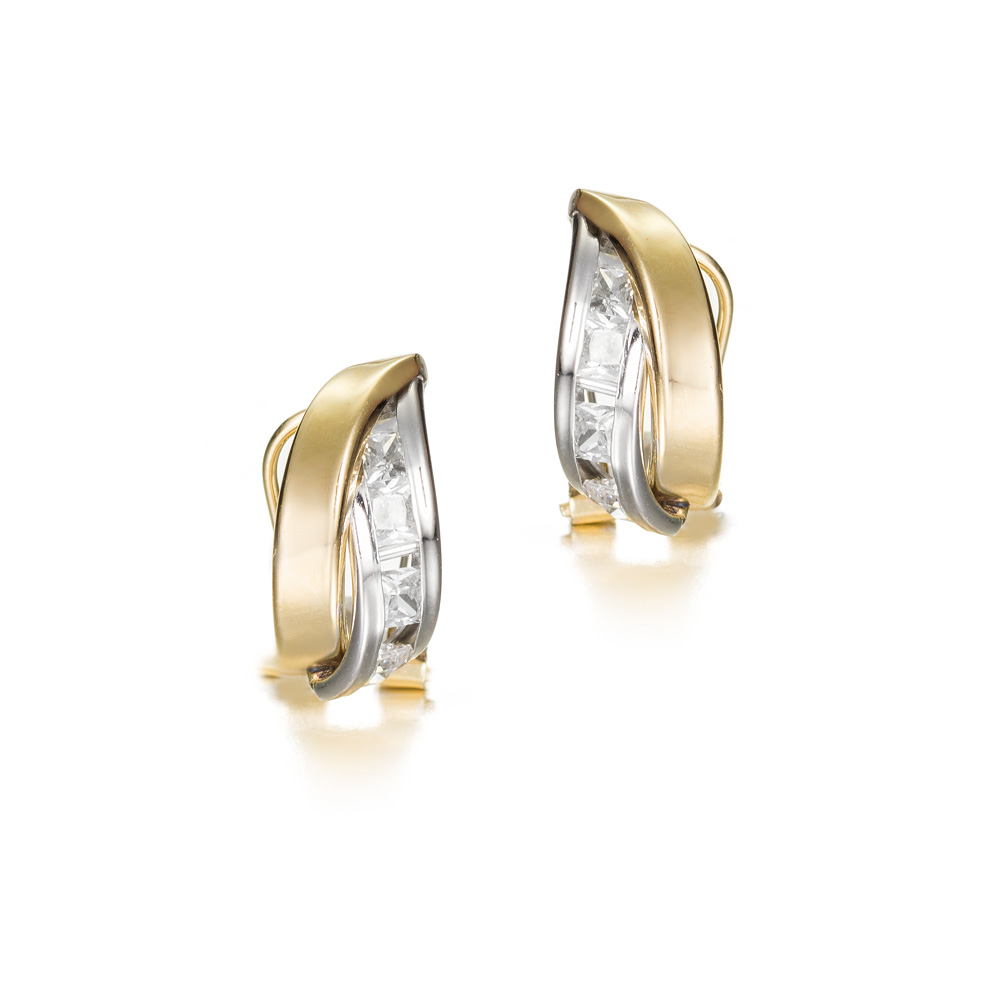 Pendientes bicolor de oro 9K con circonita carré doble banda