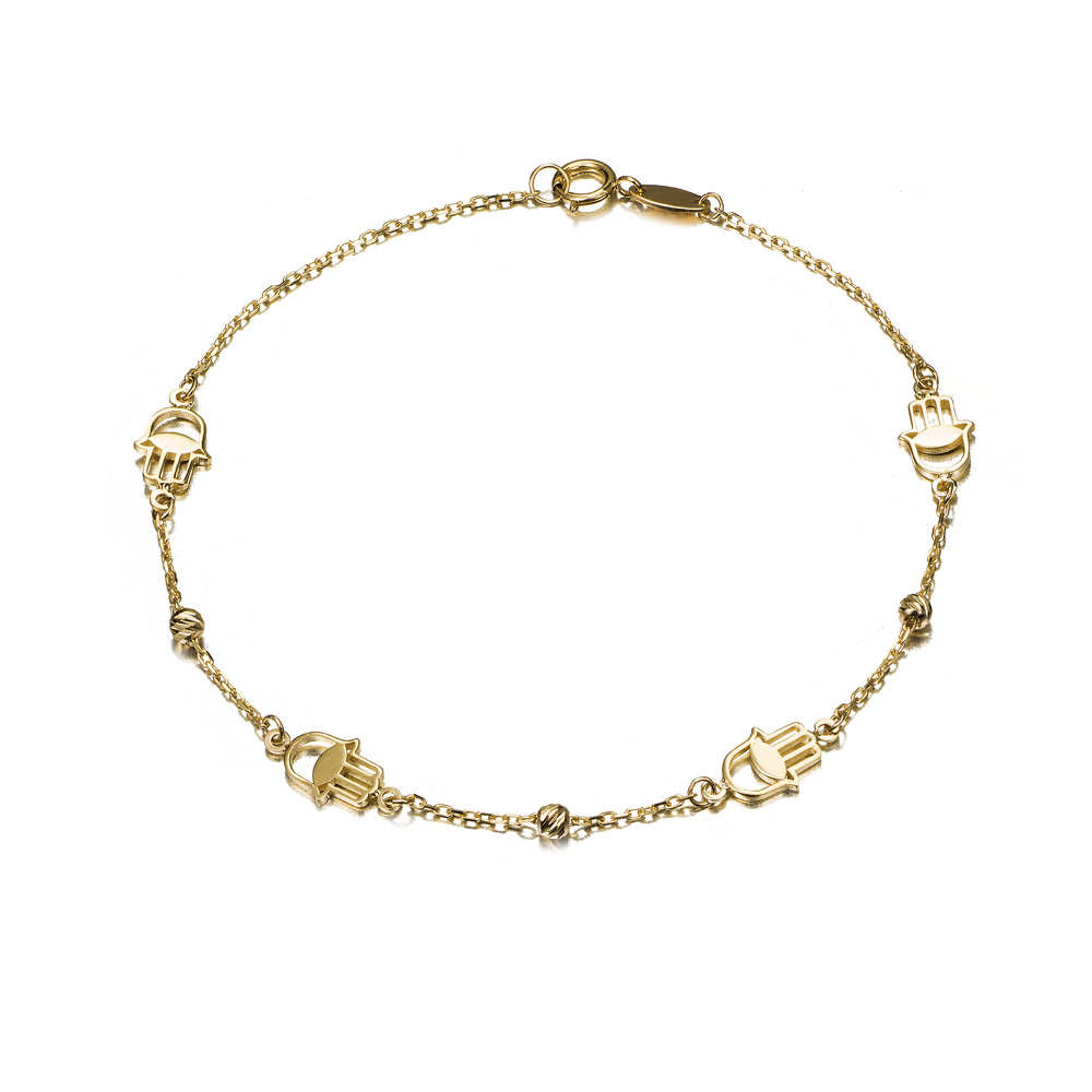 Pulsera de oro 9K con bolitas y mano de Fátima