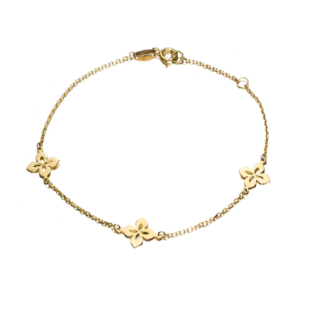 Pulsera de oro 9K con tres motivos flor, llave y corazón