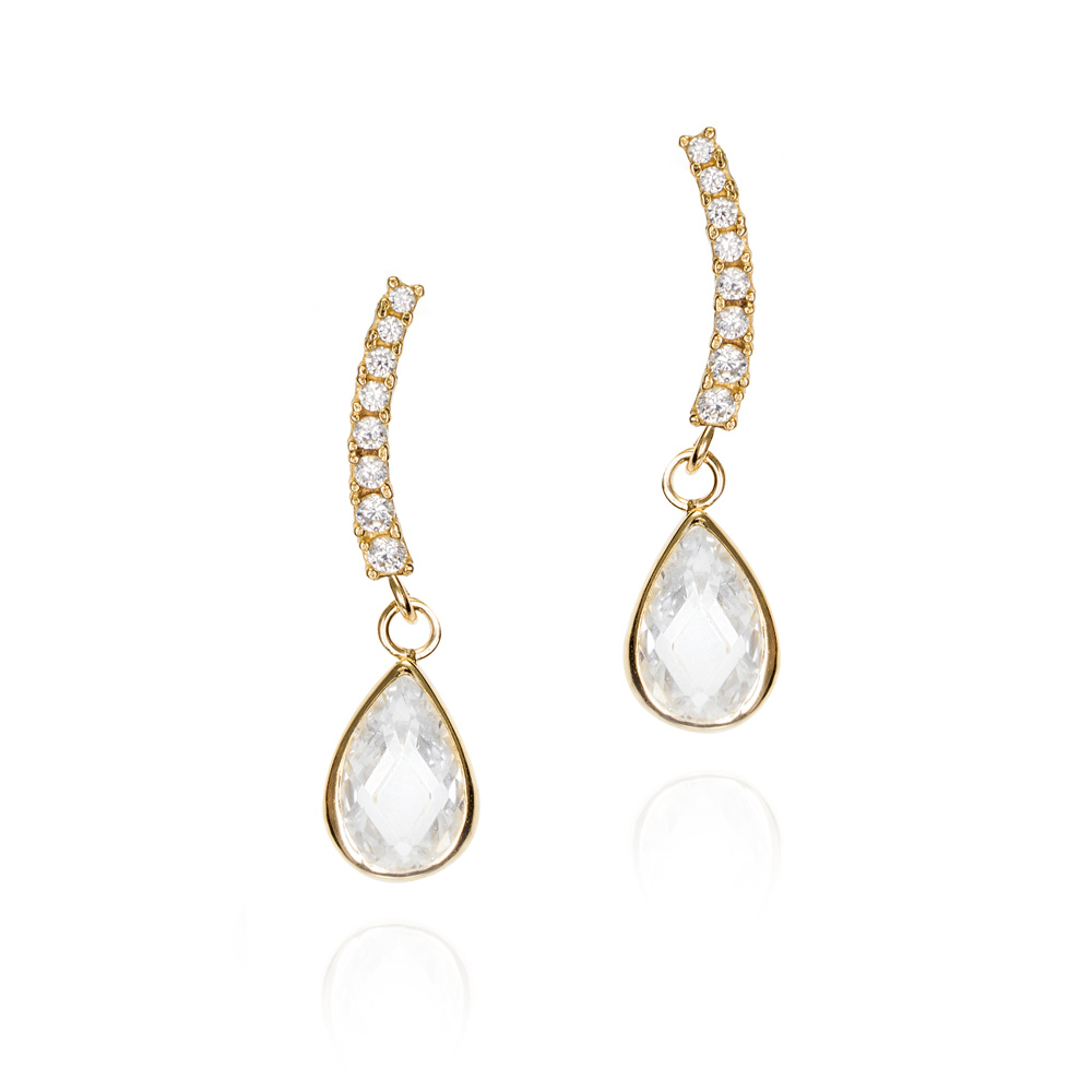 Pendientes largos de oro 9K con circonitas talla pera