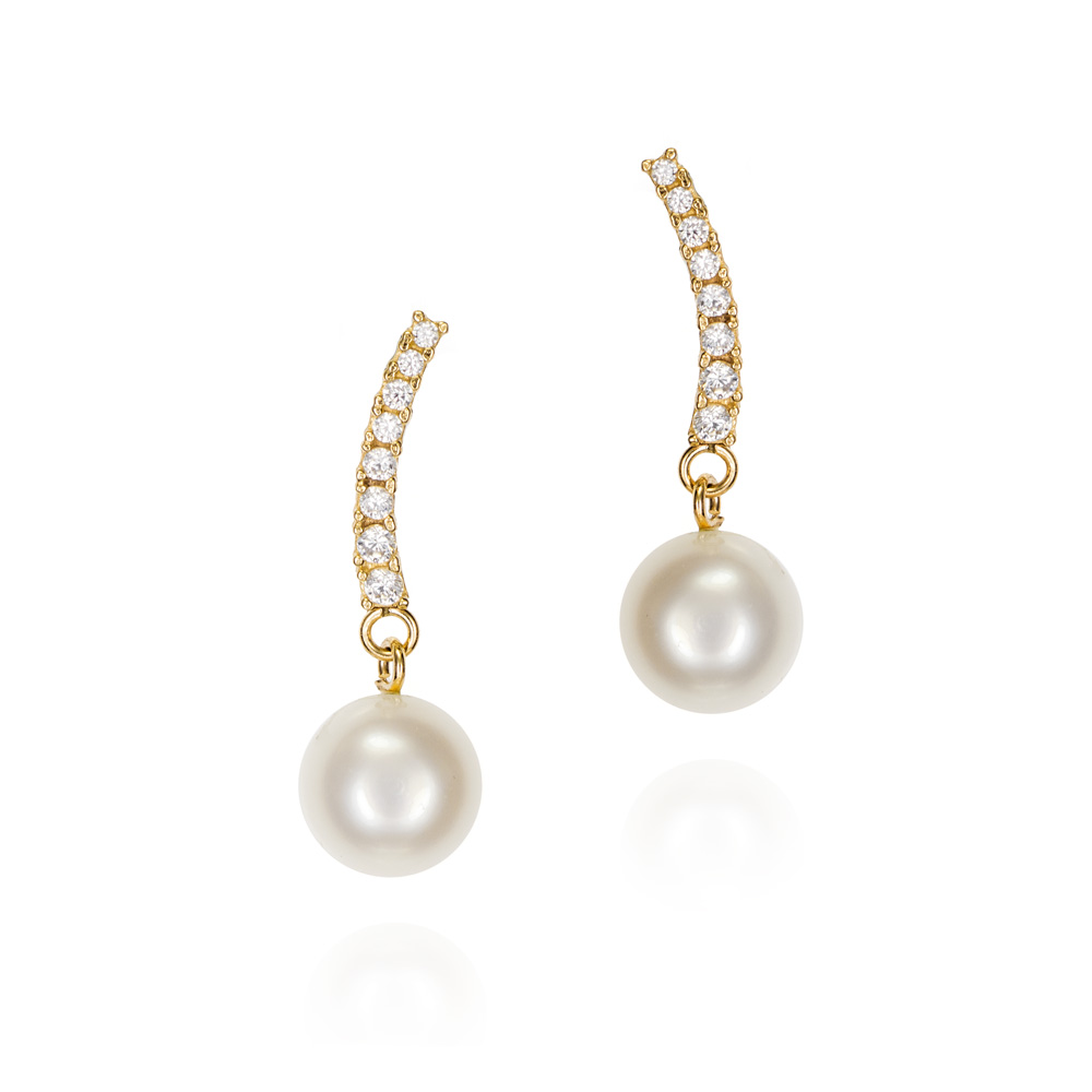 Pendientes largos de oro 9K con circonitas y perla