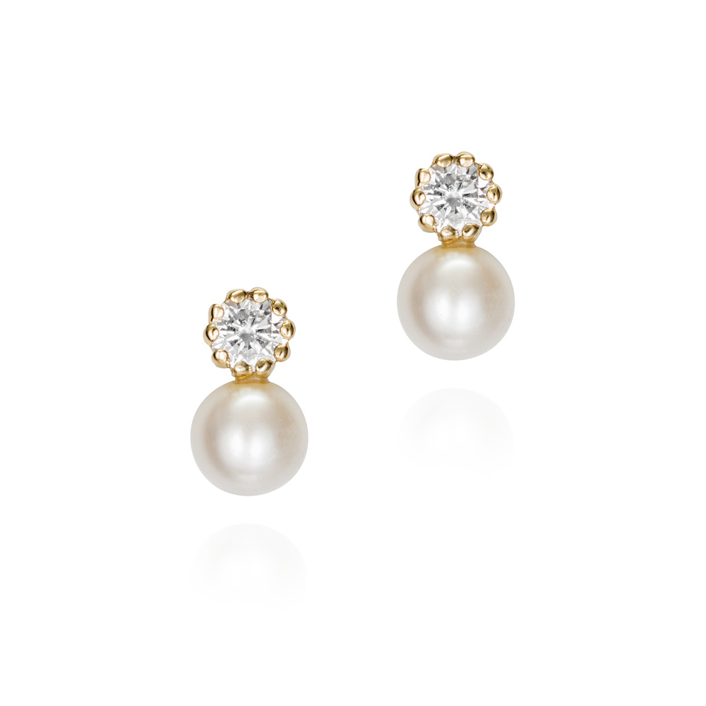 Pendientes tu y yo de oro 9K bisel circonita y perla