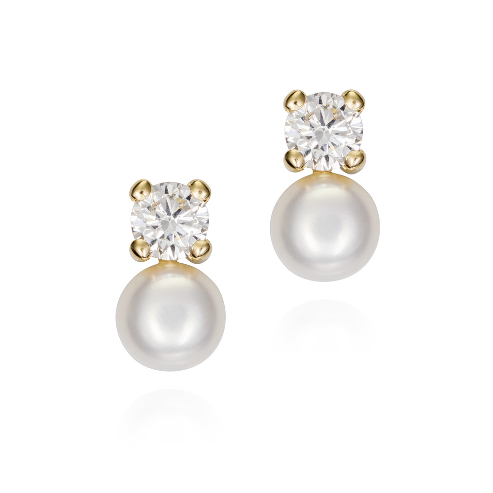 Pendientes tu y yo de oro 9K garra circonita y perla grande