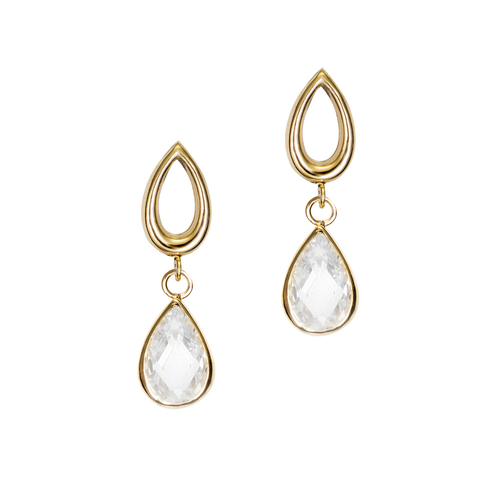 Pendientes largos de oro 9K con circonitas talla pera